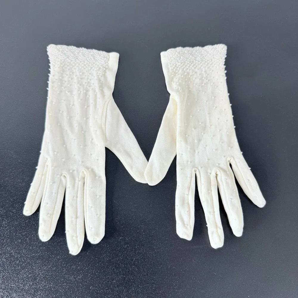 Vintage Ivory Beaded Faux Pearl Stretch Gloves Bridal Wedding Formal One Size